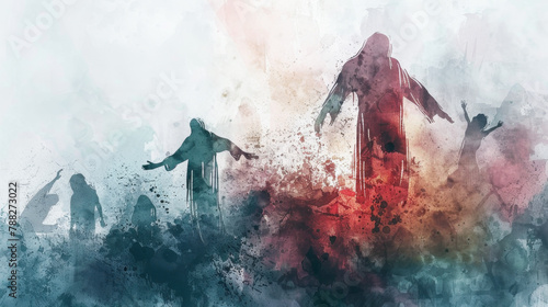 Jesus using digital watercolors to banish demons from those who are possessed on a white backdrop. photo