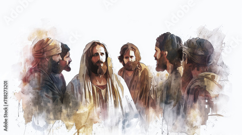 Jesus and his apostles depicted in a digital watercolor painting on a white background within the upper room. photo