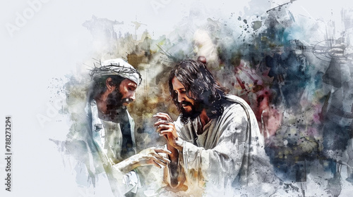 Jesus using digital watercolor technique to heal the sick on a white background.
