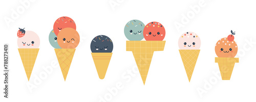 Cute cartoon ice cream characters set  vector illustration