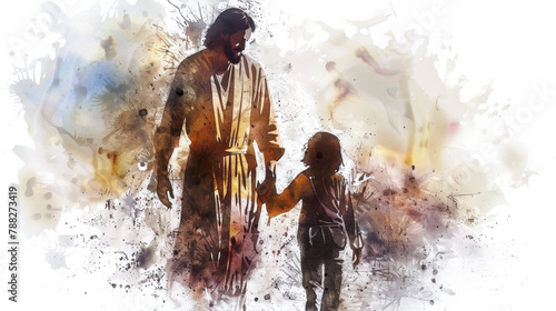 Jesus depicted in digital watercolor on a white background with a boy who is possessed.