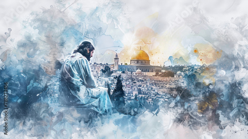 Jesus expressing sorrow and grief over Jerusalem in a digital watercolor painting on a white background.