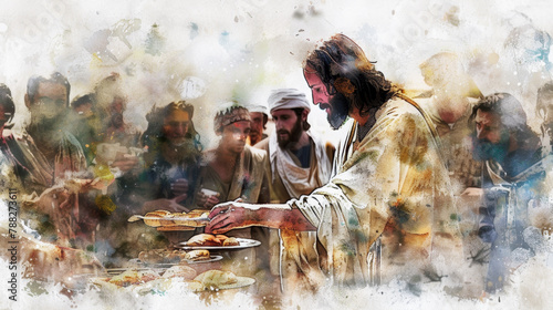 Jesus blessing the bread and fish on a digital watercolor painting against a white backdrop before feeding the multitude. © Graphic Dude