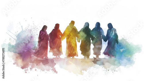 Jesus assures his disciples of the Holy Spirit's comforting presence in a digital watercolor painting on a white background. photo