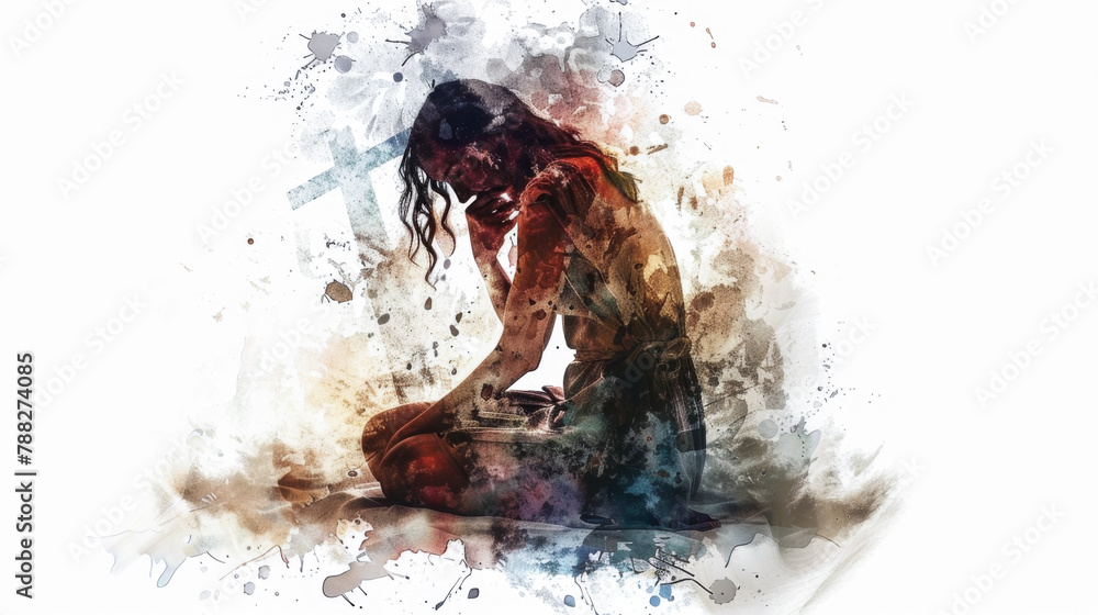 Mary Magdalene, filled with sorrow, kneels at the base of the cross in a digital watercolor painting on a white background.