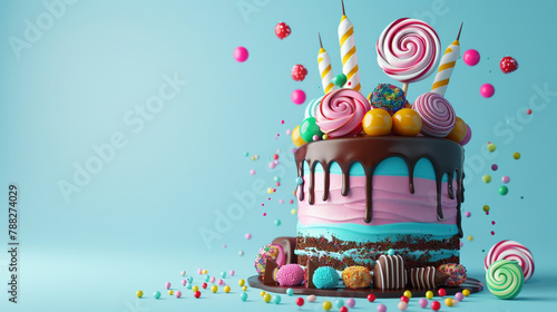 Birthday colorful cake decorated with sweets on a blue background poured with chocolate.