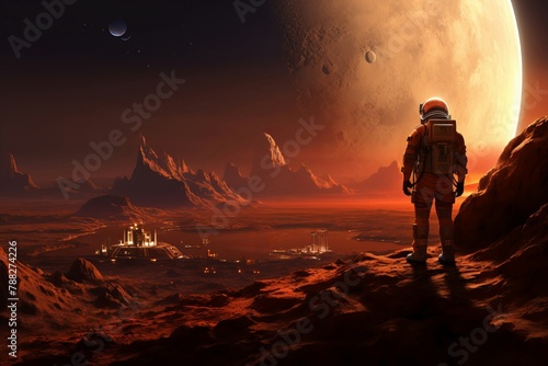 Rugged Astronaut mars looking rocky ground region. Cosmonaut panoramic celestial discovery. Generate Ai photo