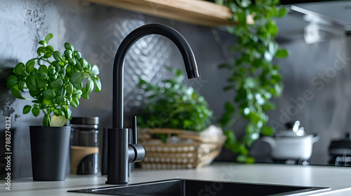 Black kitchen faucet with a white sink and green plant