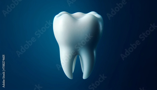 White human molar isolated on blue background. The tooth shows off its enamel and natural texture. There is plenty of space on the side to add text highlighting the topic of dental care and health.