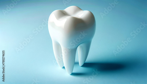 White human molar isolated on blue background. The tooth shows off its enamel and natural texture. There is plenty of space on the side to add text highlighting the topic of dental care and health.