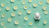 Illustration d'un mouton sur un fond vert entouré de pleins de petites fleurs blanches. Plante, nature, animal. Mignon, enfant. Pour conception et création graphique.