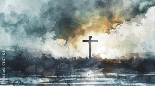 Jesus on the cross being illuminated by a beam of light breaking through the clouds in a digital watercolor painting on a white background.