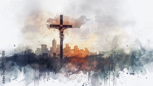 Digital watercolor painting of crucifixion with cityscape backdrop.