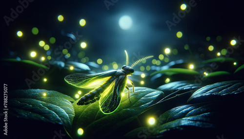 Close-up of a firefly on a summer night. Close-up image of a firefly glowing against the dark background of a summer night. photo