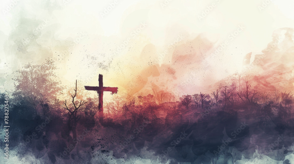 Creating a digital watercolor painting on a white background depicting a sense of isolation and emptiness in the crucifixion scene.