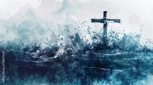 The digital watercolor painting depicts a storm in the background, reflecting the chaos of Jesus' crucifixion.