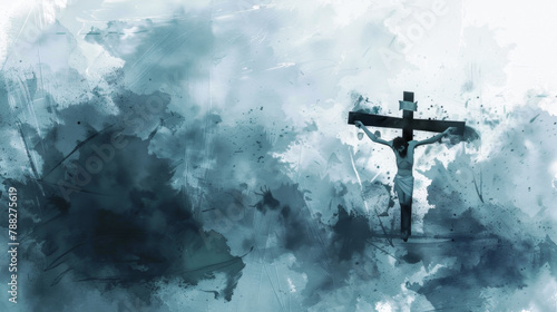 Jesus hangs on the cross as dark storm clouds gather in the digital watercolor painting on a white background.