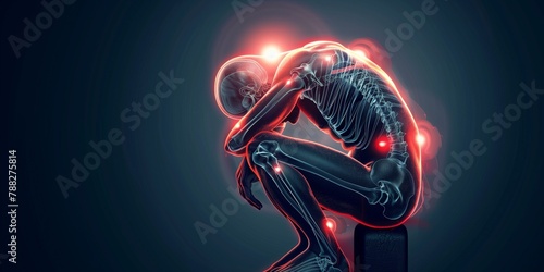 A skeleton is crouching on a box with red glowing The The skeleton is in a state of pain and discomfort