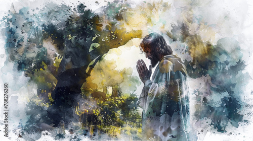 Jesus depicted in prayer in the garden of Gethsemane through digital watercolor on a white backdrop.