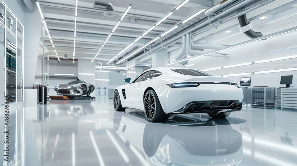 A white car is parked in a large, clean, and well-lit garage A white car is parked in a large, clean, and well-lit garage