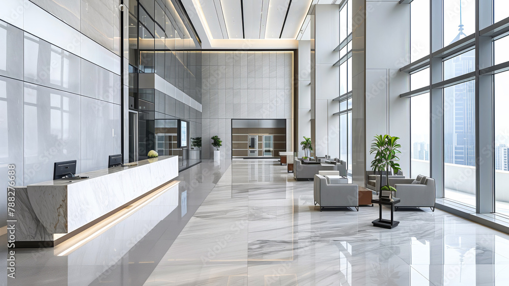 Expansive corporate lobby with marble detailing and city views. Expansive corporate lobby with marble detailing and city views.