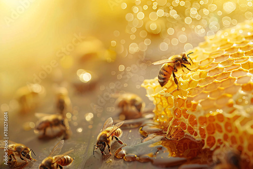 close up of bees on honeycombs, background with copy space