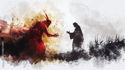 Jesus facing temptation from Satan in the desert depicted in a digital watercolor on a white background.