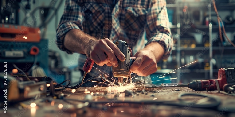 A man is working on a project in a cluttered workshop A man is working on a project in a cluttered workshop