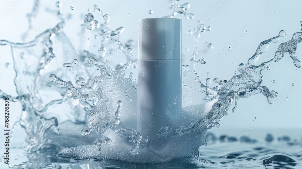 Skincare mockup facewash breaking through glass, cosmetic tube mockup template with splashing of water liquid. Skincare mockup facewash breaking through glass, cosmetic tube mockup template with splashing of water liquid.
