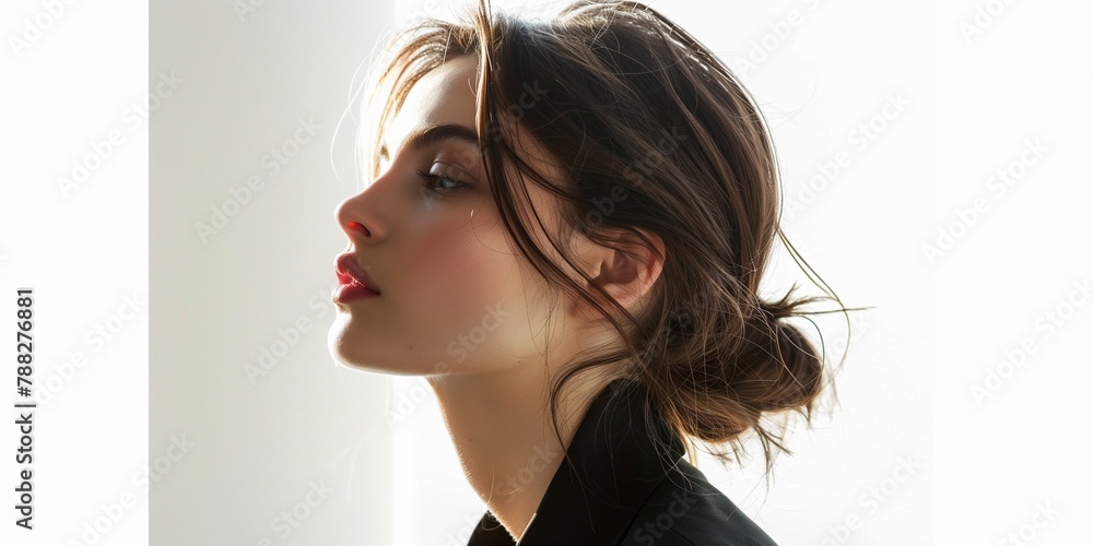 Fototapeta premium A woman with long brown hair and a red lipstick