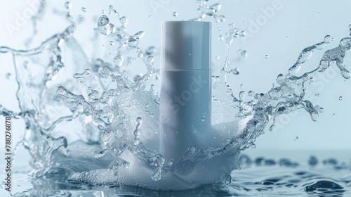Skincare mockup facewash breaking through glass, cosmetic tube mockup template with splashing of water liquid.