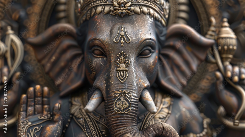 Statues of Ganesha, a benevolent looking deity with the head of an elephant to symbolic objects