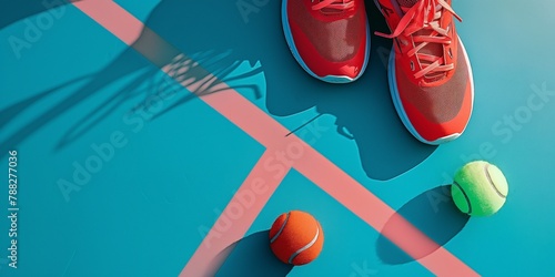 A pair of red tennis shoes are on a blue court with a red line