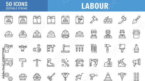 Labor line icon set. Editable stroke. Containing as construction, labour day, renovation and more. Vector illustration