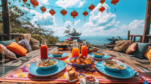 Luxurious breakfast table overlooking blue sea. Coastal dining experience.
 photo
