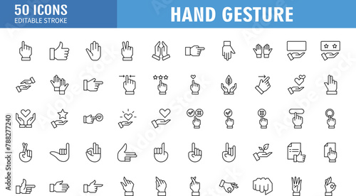 Hand gestures line icon set. Included icons as fingers interaction,  pinky swear, forefinger point, greeting, pinch, hand washing and more.