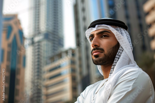 portrait of arabic businessman in white clothes on the business city background with skyscrappers photo
