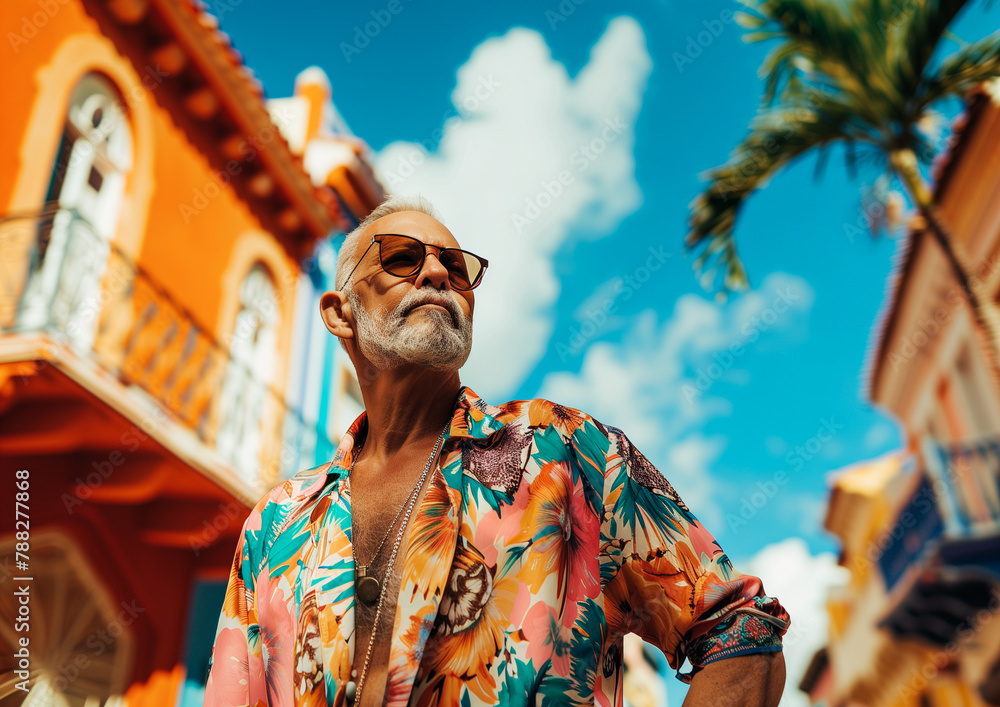 Obraz premium Colorful fashion shot of older man in modern casual elegant fashion clothes at the summer street.