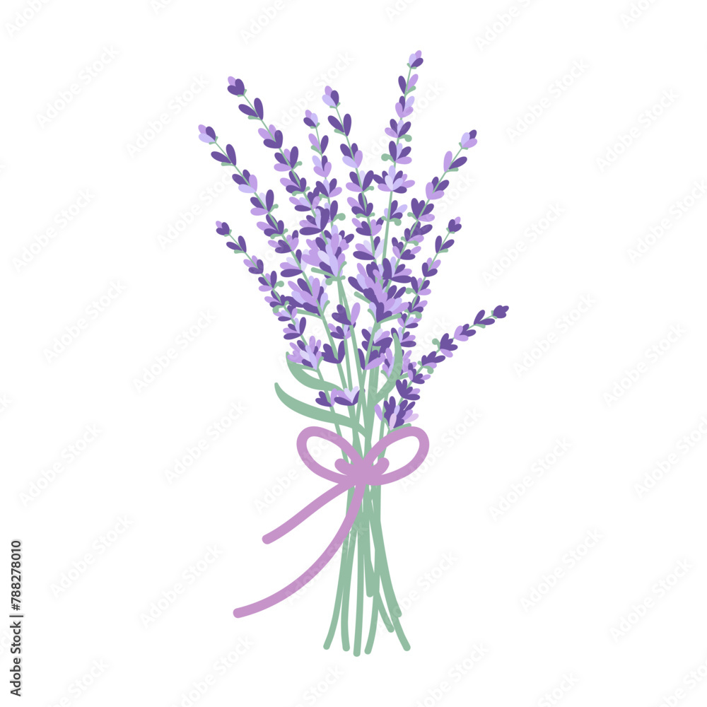 Obraz premium Bouquet of lavender with a bow. vector illustration in flat style isolated on white background