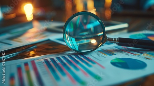 A magnifying glass over colorful graphs and charts on business documents, symbolizing data analysis for financial visualization.