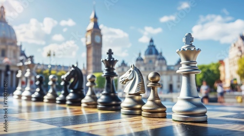 A chessboard set against a backdrop of famous landmarks, symbolizing the international appeal of the game.