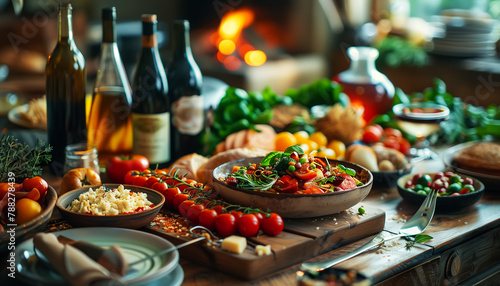 Assorted Italian food set on table photo