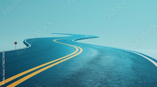 A road that curves in the sky with white lines and yellow borders, there is an arrow pointing to one side of it sky blue background, realistic photo, high resolution