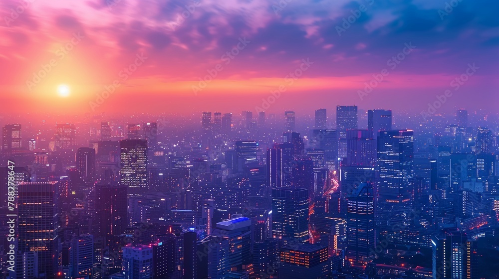 Futuristic city skyline with AI-driven tech, dusk lighting, aerial view, vibrant colors, High quality photo for banner or cover design. ,copy space, high resolution, Futuristic city skyline with AI-driven tech, dusk lighting, aerial view, vibrant colors, High quality photo for banner or cover design. ,copy space, high resolution,