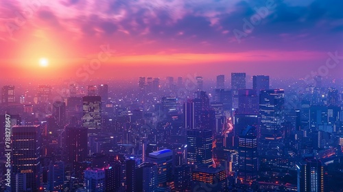 Futuristic city skyline with AI-driven tech, dusk lighting, aerial view, vibrant colors, High quality photo for banner or cover design. ,copy space, high resolution,