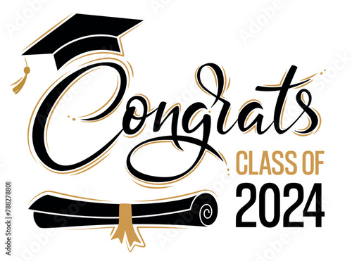 Congrats Class of 2024 greeting sign with academic cap and diploma. Congrats Graduated. Congratulating banner. Handwritten brush lettering. Isolated vector text for graduation design, card, poster