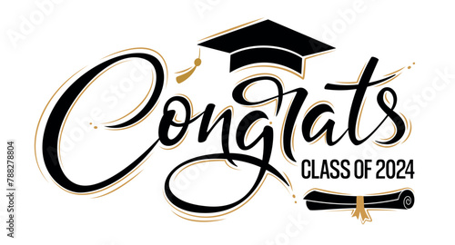 Congrats Class of 2024 greeting sign with academic cap and diploma. Congrats Graduated. Congratulating banner. Handwritten brush lettering. Isolated vector text for graduation design, card, poster photo