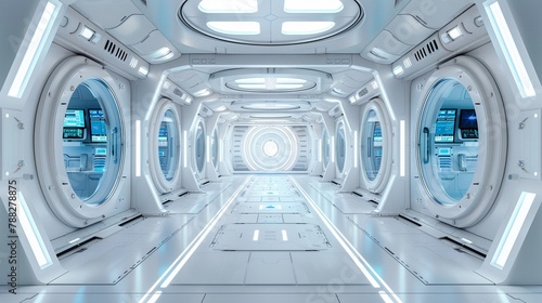 a futuristic spaceship interior with a white and blue color theme. The corridor has large windows on the sides, and there is a round door at each corner leading to different rooms , 3D rendering