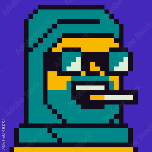 Pixel art glad guy face in protective clothing glasses and cigarette, 8-bit man, avatar male funny character, cartoon vector icon, game user or web profile person, people, social net portrait