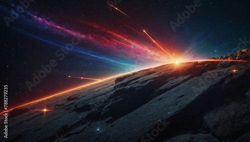 Space abstract background, shooting star, flash, laser through the stone, vivid colors.